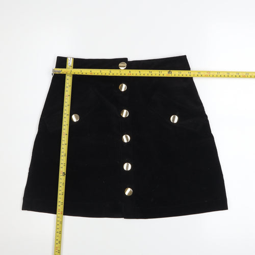 ZARA Womens Black A-Line Button Front Corduroy Mini Skirt Size S