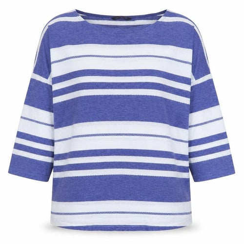 Marks and Spencer Women Blue Striped 3/4 Sleeve Boat Neck T-Shirt Size 16