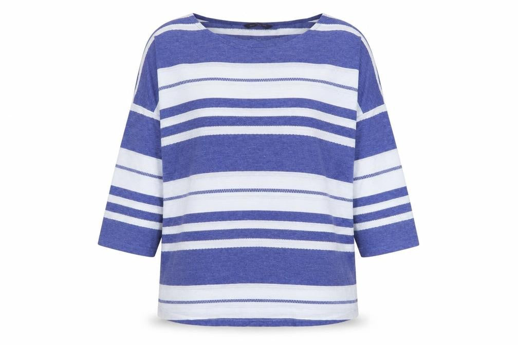 Marks and Spencer Women Blue Striped 3/4 Sleeve Boat Neck T-Shirt Size 16