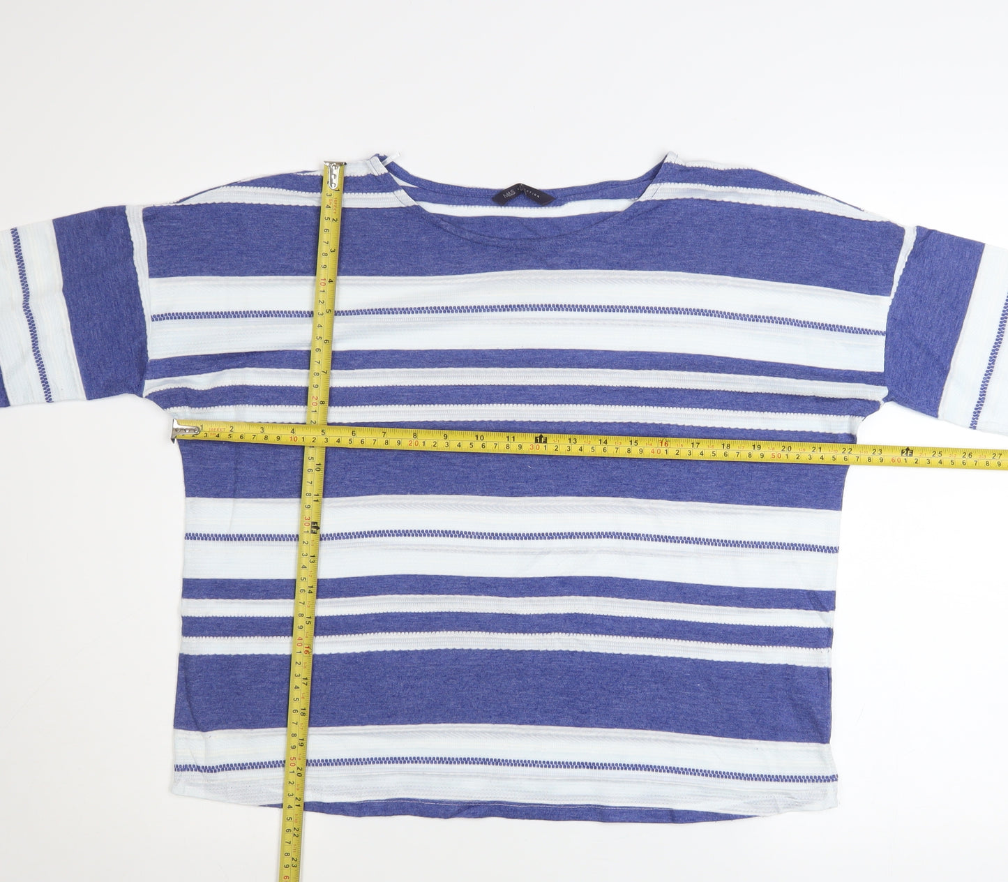 Marks and Spencer Women Blue Striped 3/4 Sleeve Boat Neck T-Shirt Size 16