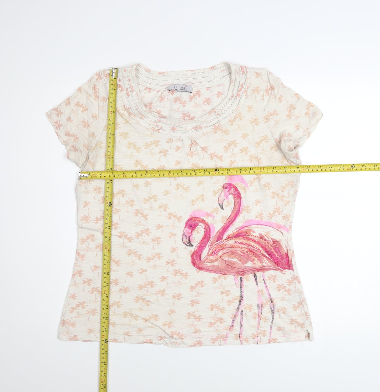 Marks and Spencer Women’s Beige Flamingo T-Shirt Size 14 Cotton