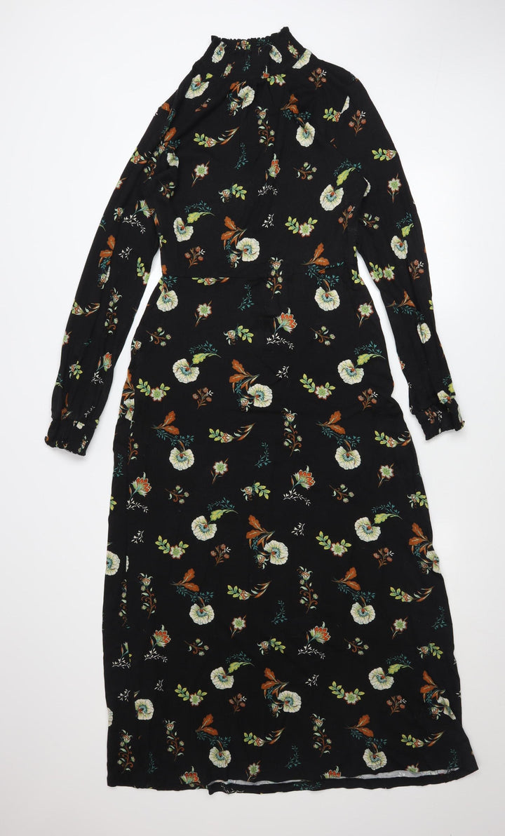 Warehouse Women Black Floral Fit & Flare Midi Dress Size 10