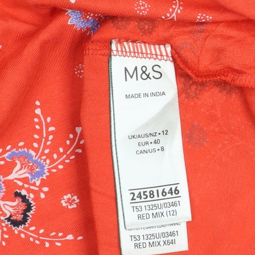 Marks and Spencer Womens Red Floral High Neck Long Sleeve Tunic Blouse Size 12