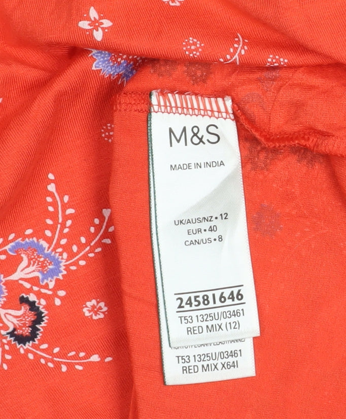 Marks and Spencer Womens Red Floral High Neck Long Sleeve Tunic Blouse Size 12