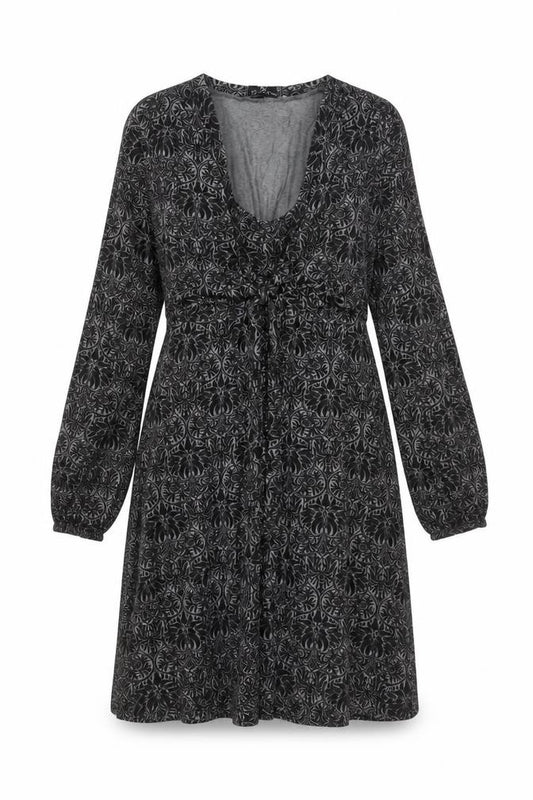 Front view of Rick Cardona Women’s Black Floral A-Line Knee Length Dress, size UK 12