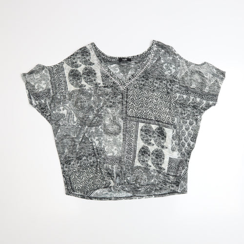 Wallis Womens Grey Paisley V-Neck Tie Hem Short Sleeve Top Size S