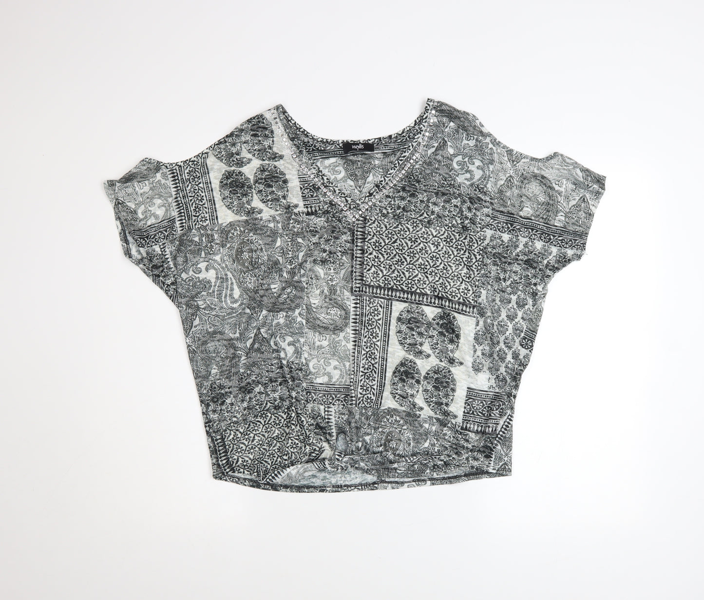 Wallis Womens Grey Paisley V-Neck Tie Hem Short Sleeve Top Size S
