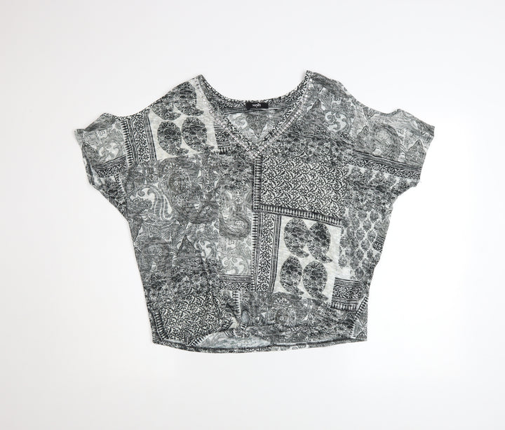 Wallis Womens Grey Paisley V-Neck Tie Hem Short Sleeve Top Size S