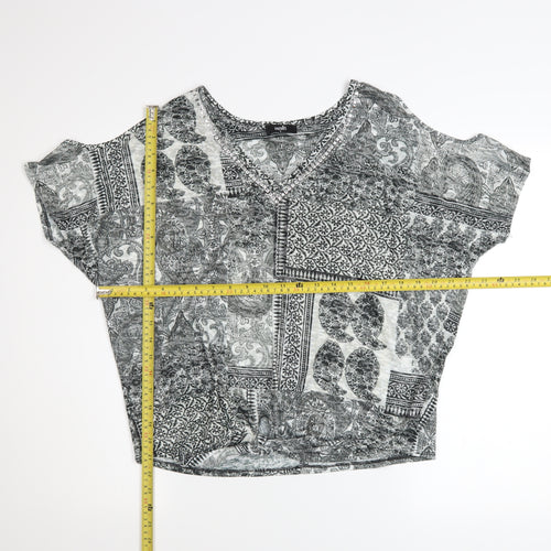 Wallis Womens Grey Paisley V-Neck Tie Hem Short Sleeve Top Size S