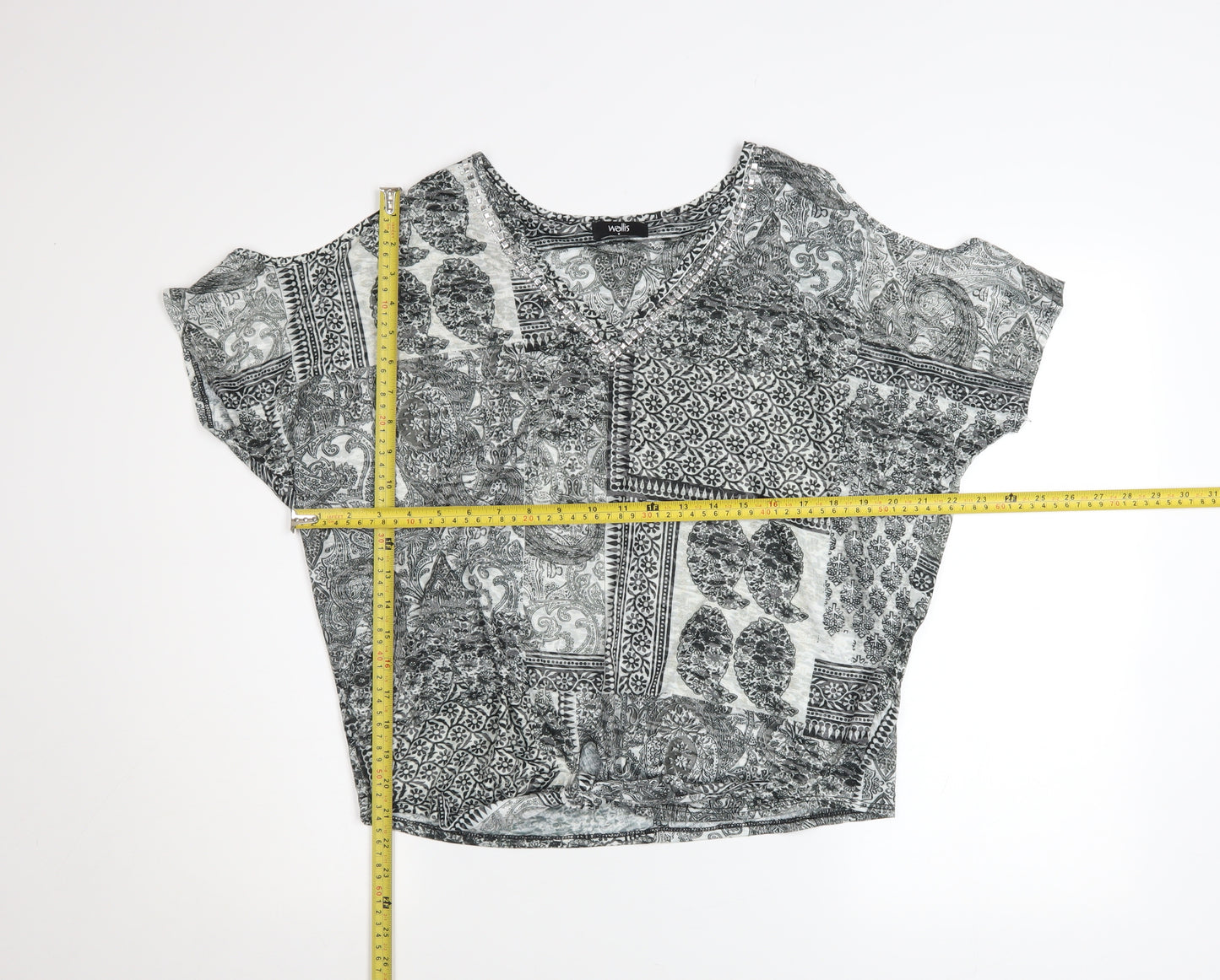 Wallis Womens Grey Paisley V-Neck Tie Hem Short Sleeve Top Size S