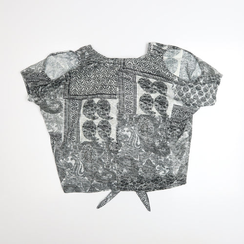 Wallis Womens Grey Paisley V-Neck Tie Hem Short Sleeve Top Size S