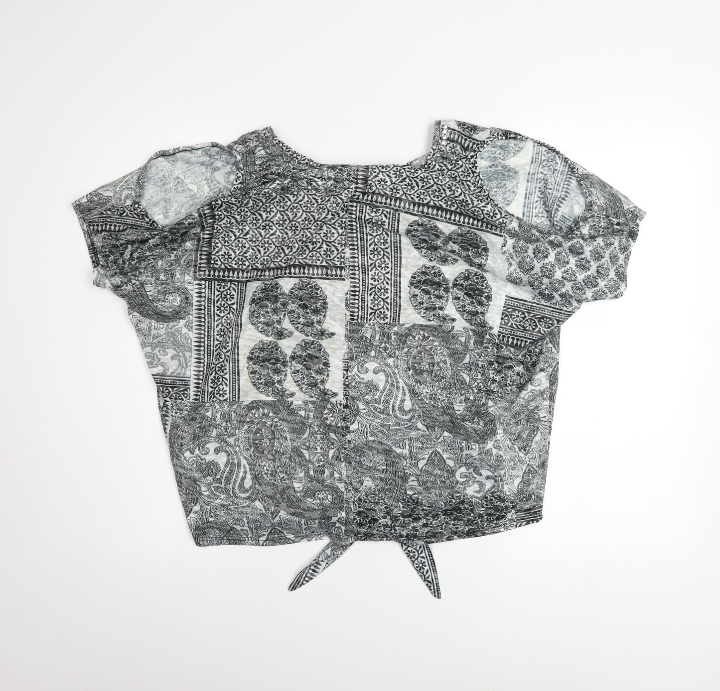 Wallis Womens Grey Paisley V-Neck Tie Hem Short Sleeve Top Size S
