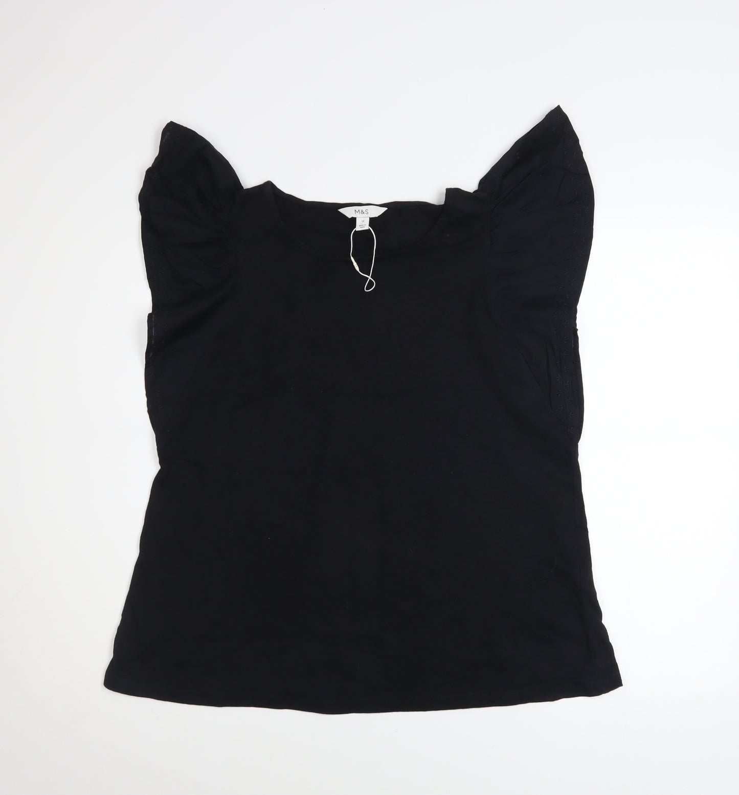 Marks and Spencer Women's Black Cotton Ruffle Sleeve Blouse Size 12