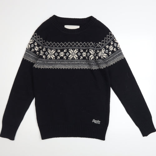 Superdry Mens Black Fair Isle Nordic Knit Jumper M Winter Pullover