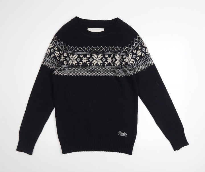 Superdry Mens Black Fair Isle Nordic Knit Jumper M Winter Pullover