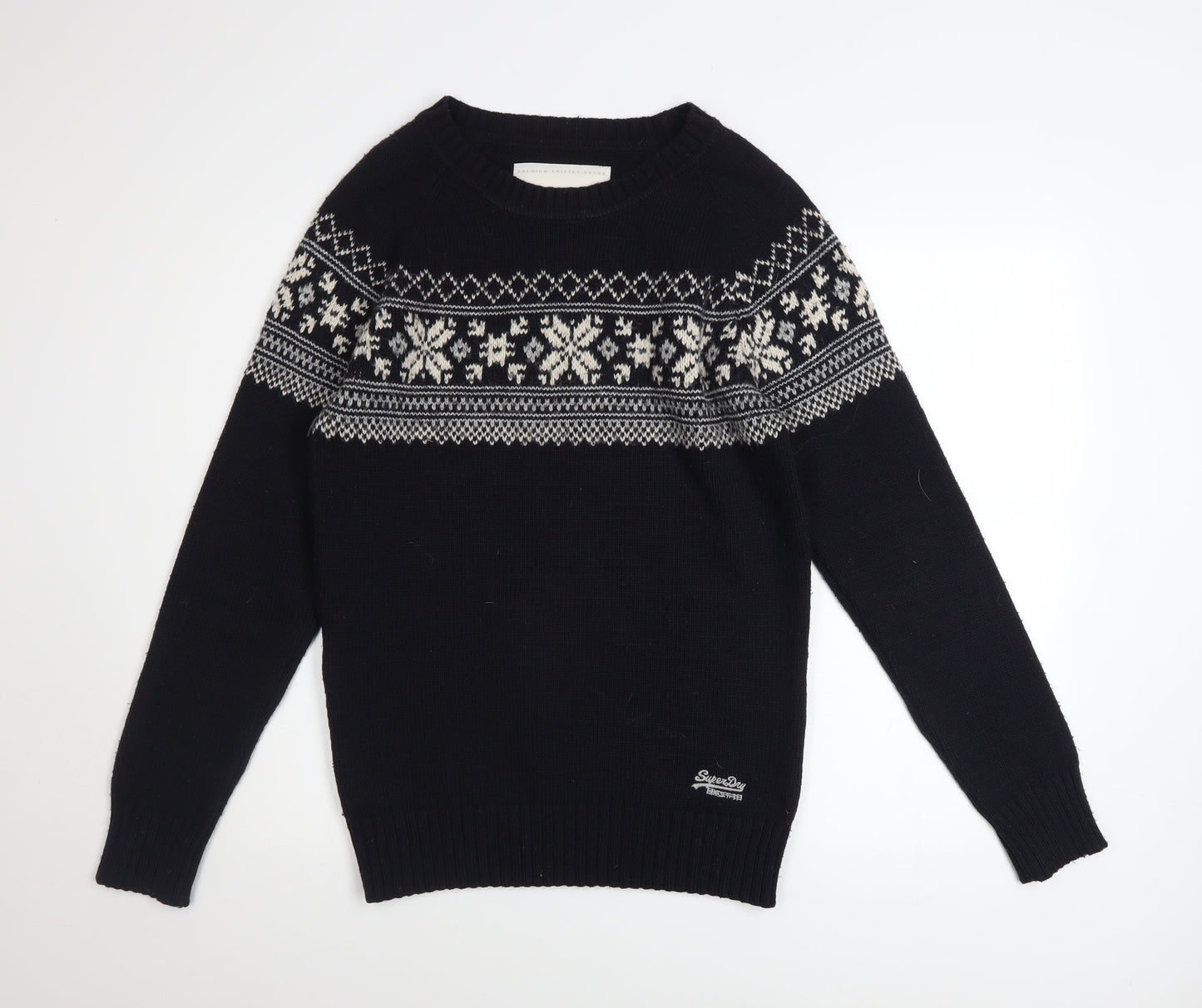 Superdry Mens Black Fair Isle Nordic Knit Jumper M Winter Pullover