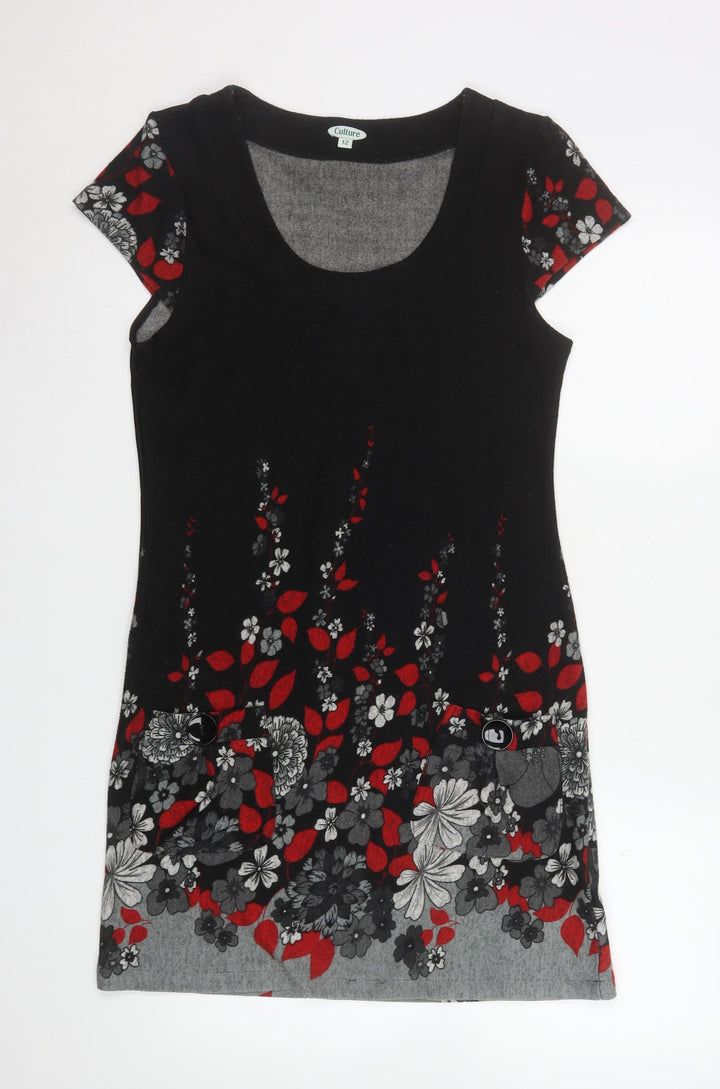 Culture Women’s Black Floral Shift Dress Size 12 Short Sleeve Scoop Neck