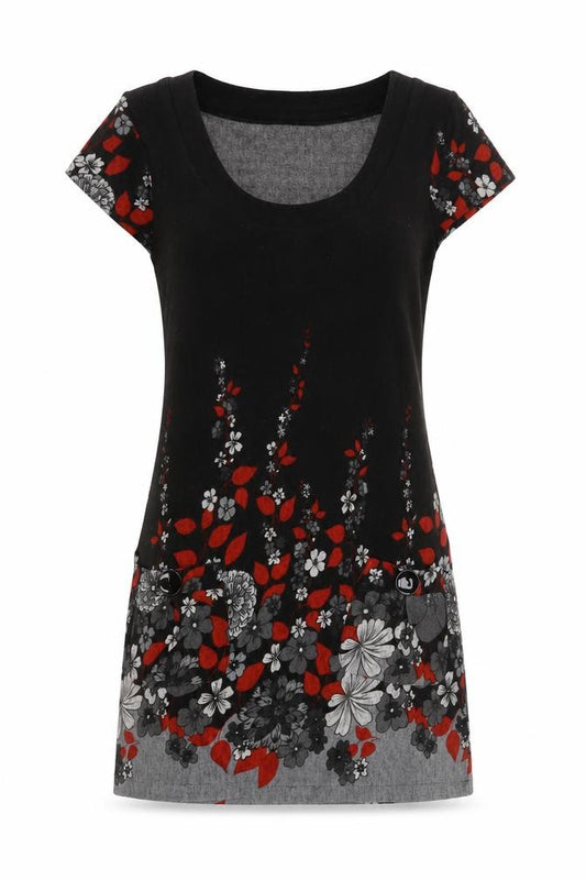 Front view of Culture Women’s Black Floral Shift Dress, size UK 12, Short Sleeve Scoop Neck