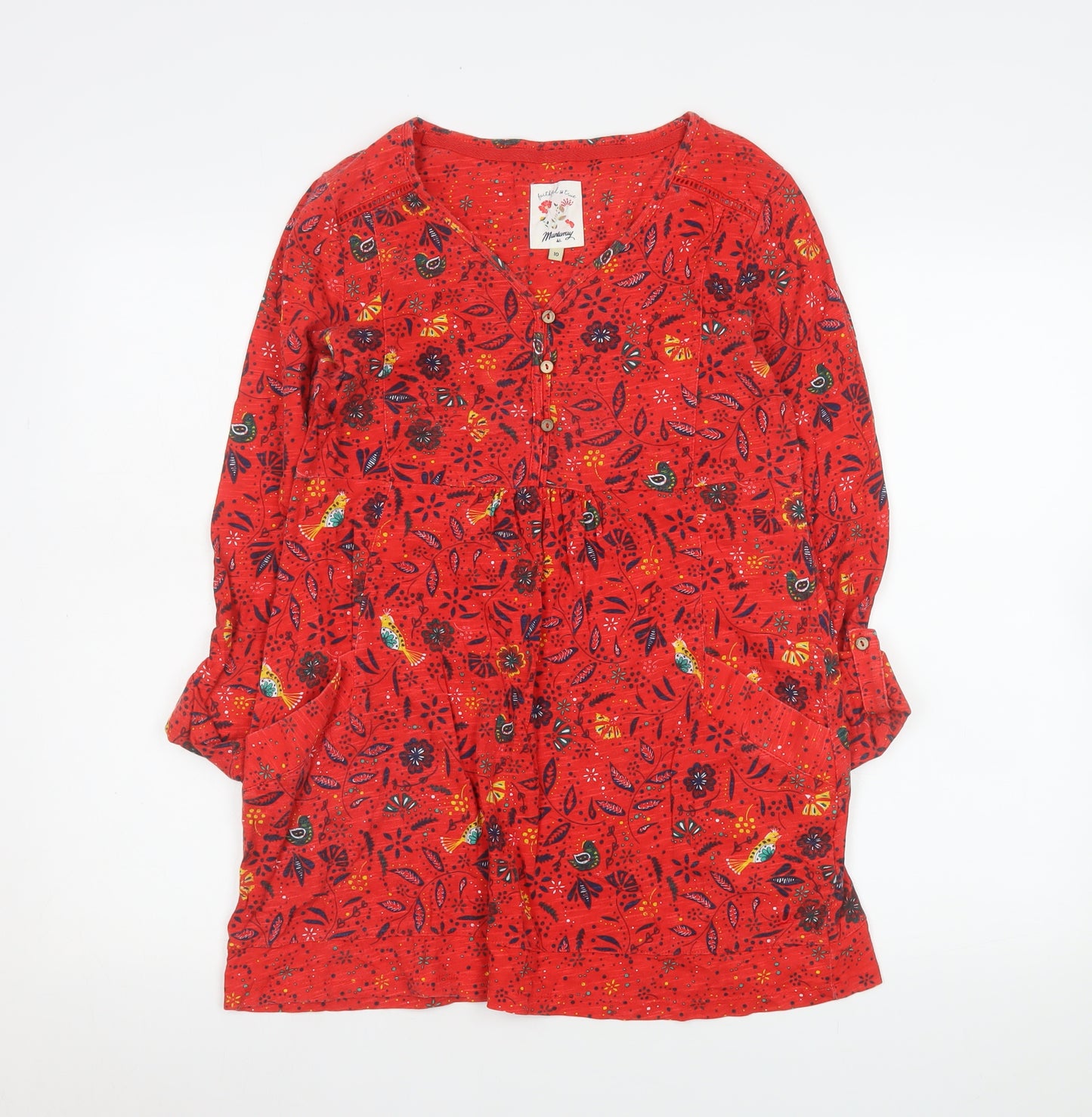 Mantaray Womens Red Floral Tunic Blouse Size 10 Cotton Long Sleeve