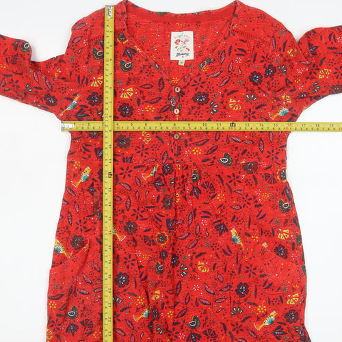 Mantaray Womens Red Floral Tunic Blouse Size 10 Cotton Long Sleeve