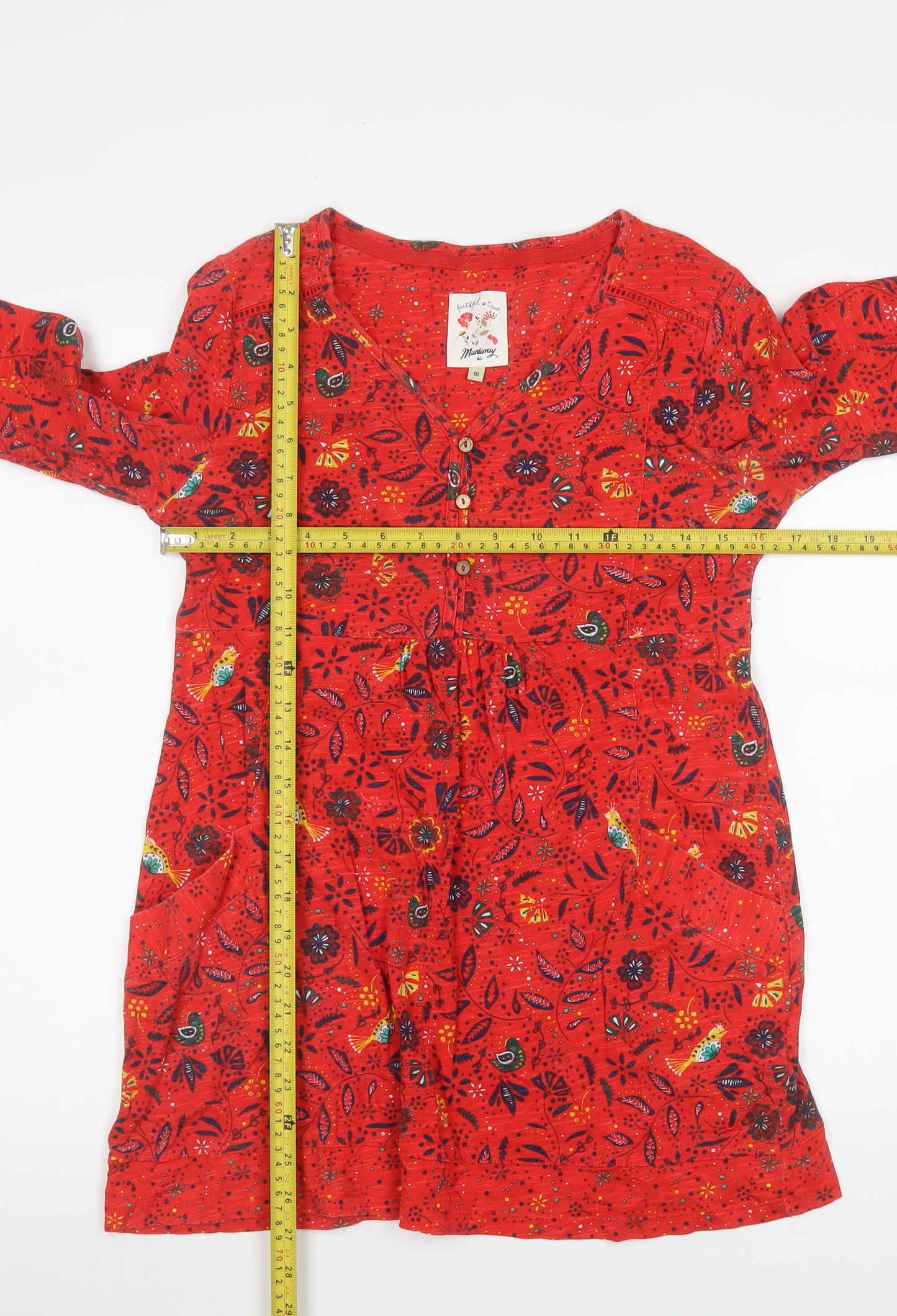 Mantaray Womens Red Floral Tunic Blouse Size 10 Cotton Long Sleeve