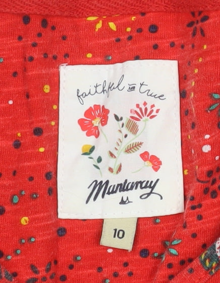 Mantaray Womens Red Floral Tunic Blouse Size 10 Cotton Long Sleeve