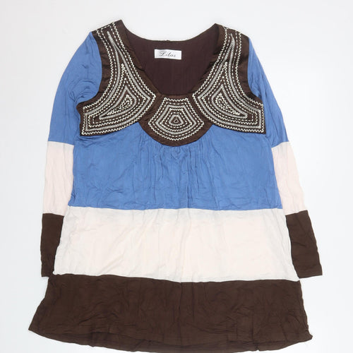 Lilas Womens Blue Beige Brown Beaded Boho Shift Dress Size 2