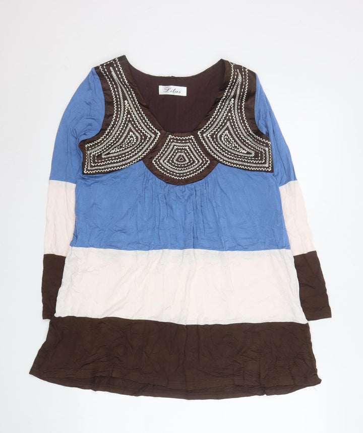 Lilas Womens Blue Beige Brown Beaded Boho Shift Dress Size 2