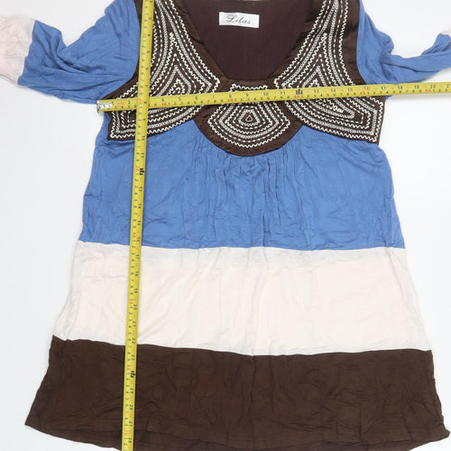 Lilas Womens Blue Beige Brown Beaded Boho Shift Dress Size 2