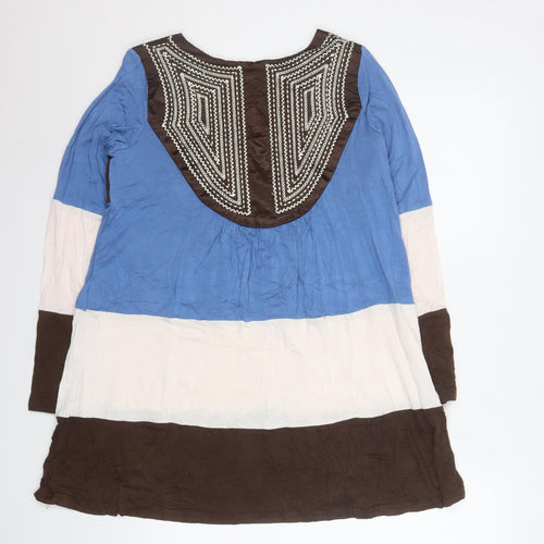 Lilas Womens Blue Beige Brown Beaded Boho Shift Dress Size 2