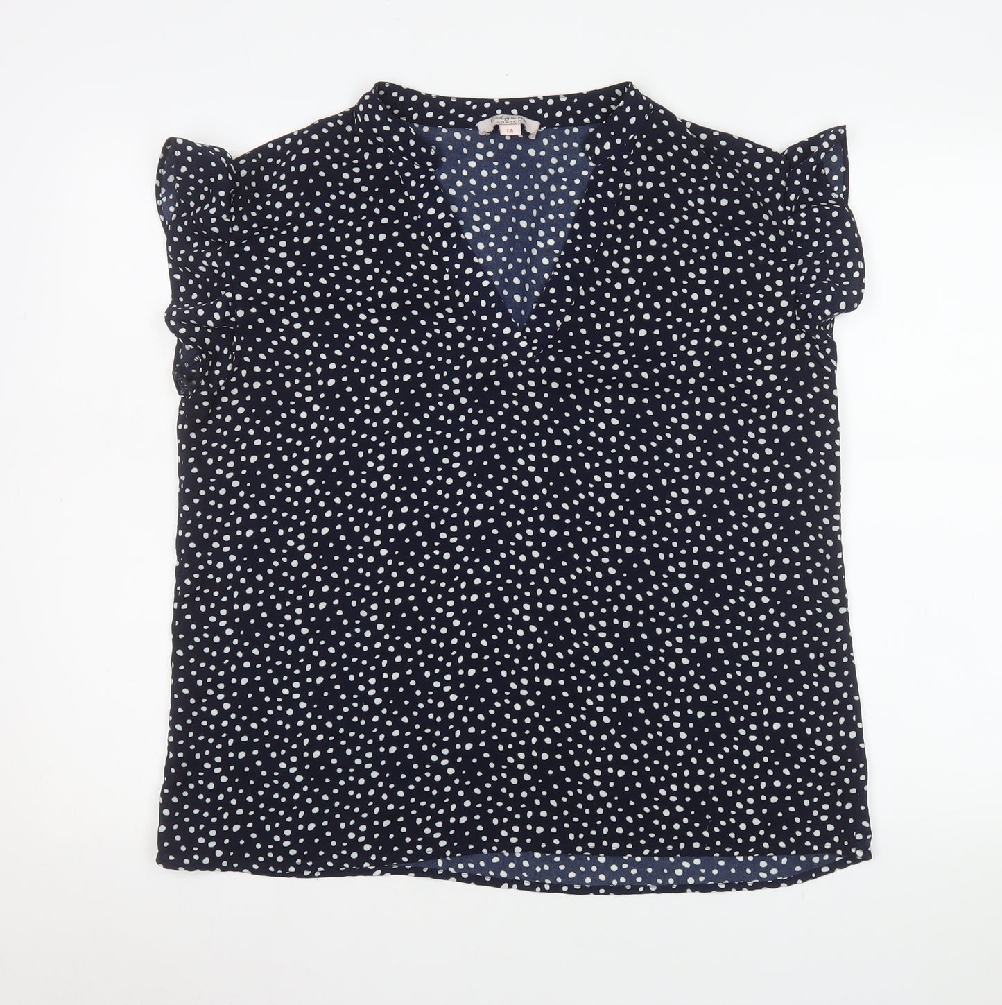 Emily & Me Women Blue Polka Dot Blouse Size 14 V-Neck Sleeveless Top
