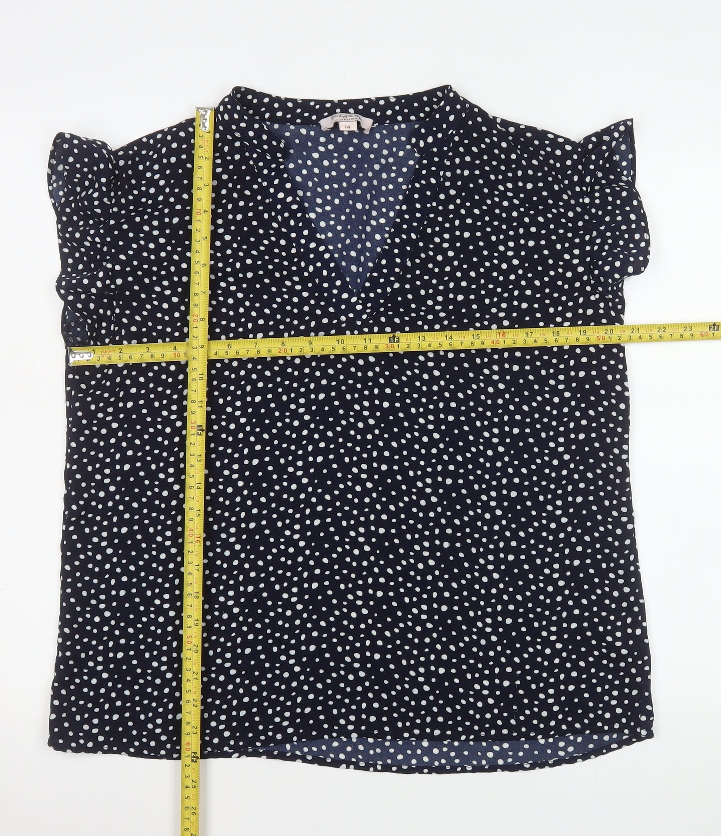 Emily & Me Women Blue Polka Dot Blouse Size 14 V-Neck Sleeveless Top
