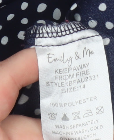 Emily & Me Women Blue Polka Dot Blouse Size 14 V-Neck Sleeveless Top