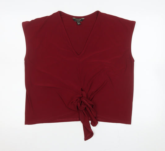 Lipsy Women Burgundy Sleeveless Wrap Blouse UK 12 V-Neck Tie Front