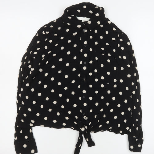 H&M Women Black Polka Dot Cropped Button-Up Shirt M