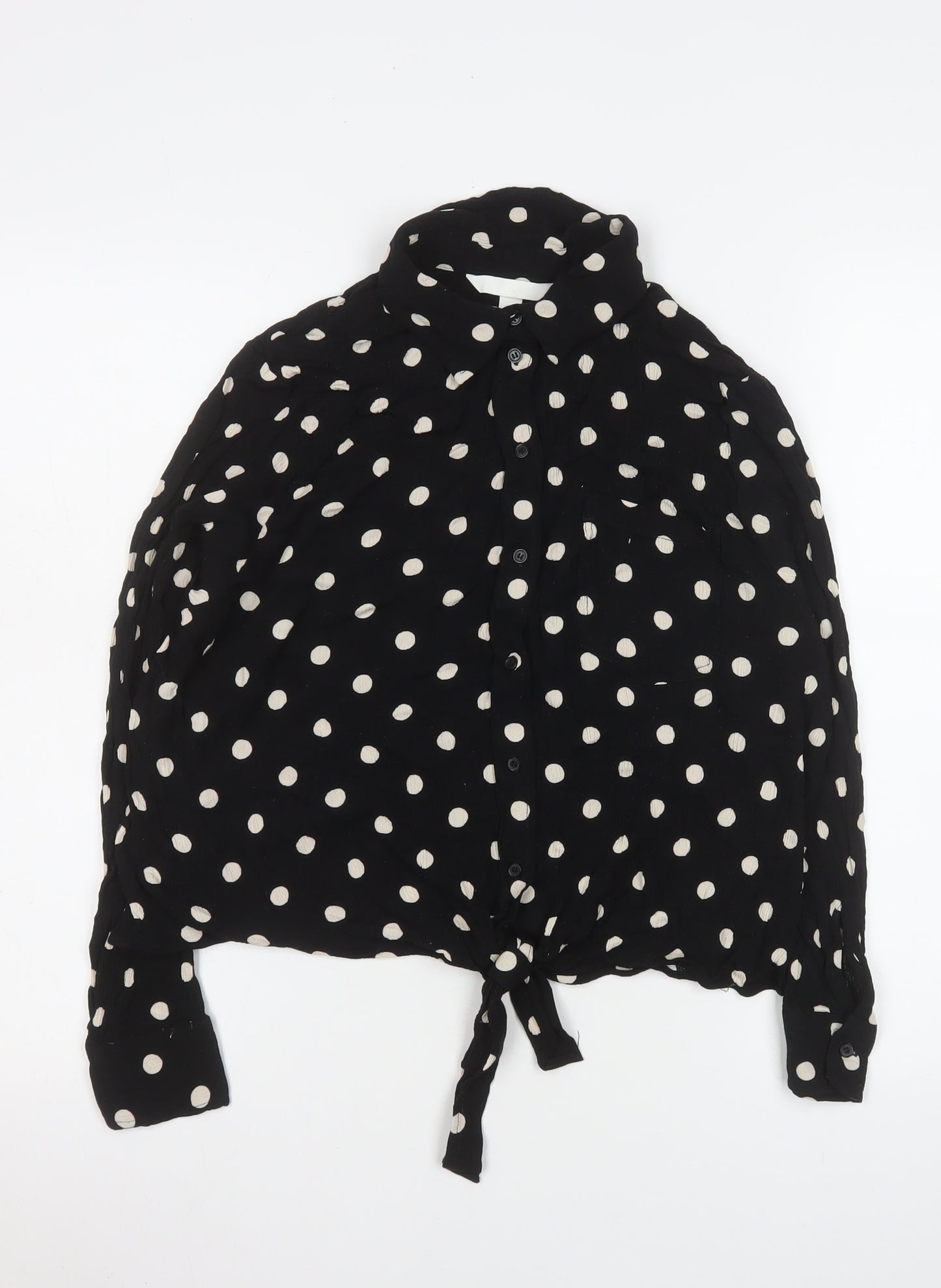 H&M Women Black Polka Dot Cropped Button-Up Shirt M