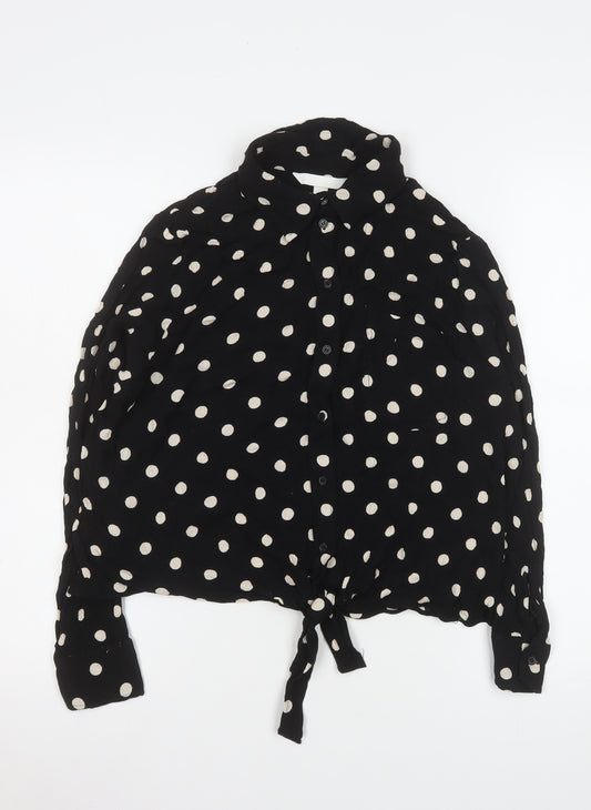 H&M Women Black Polka Dot Cropped Button-Up Shirt M