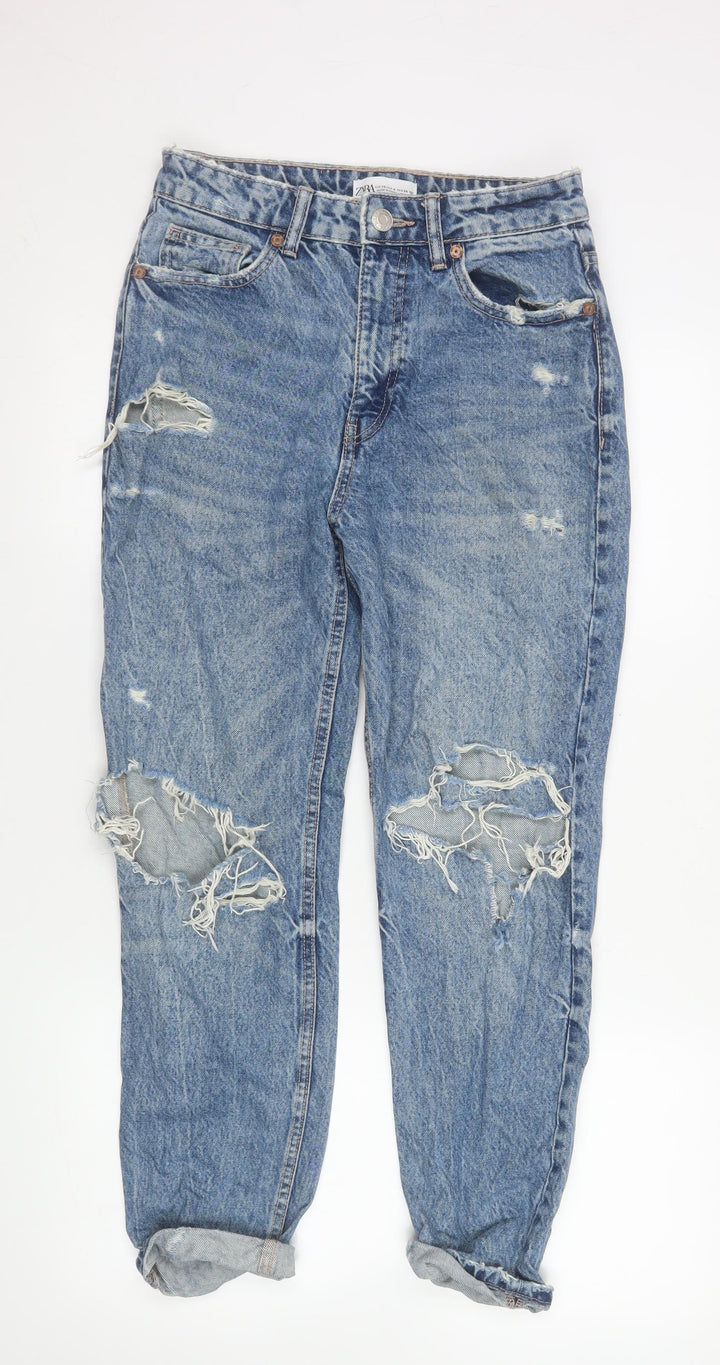 ZARA Women Blue Boyfriend Distressed Mid Rise Jeans Size 8