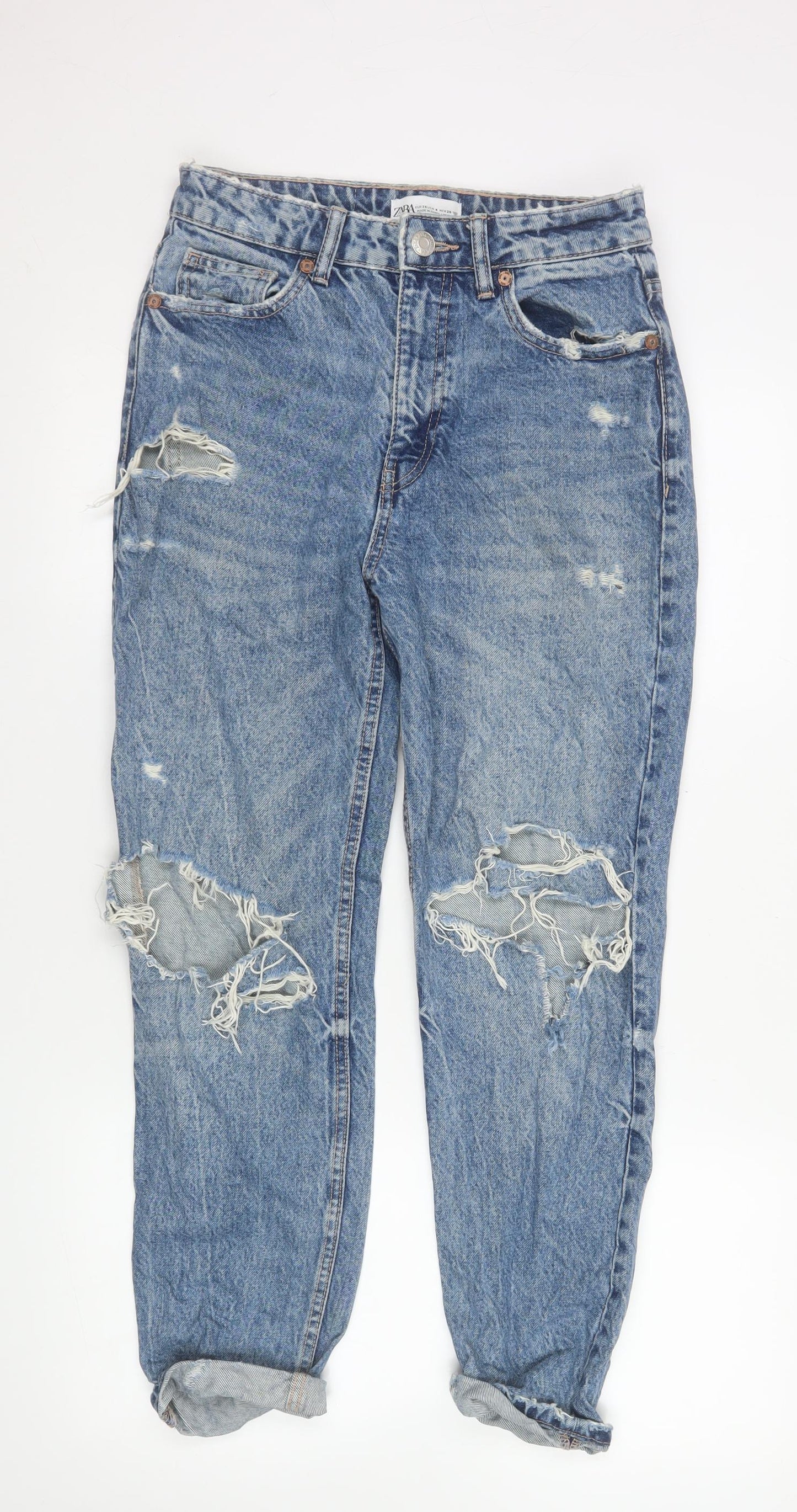 ZARA Women Blue Boyfriend Distressed Mid Rise Jeans Size 8