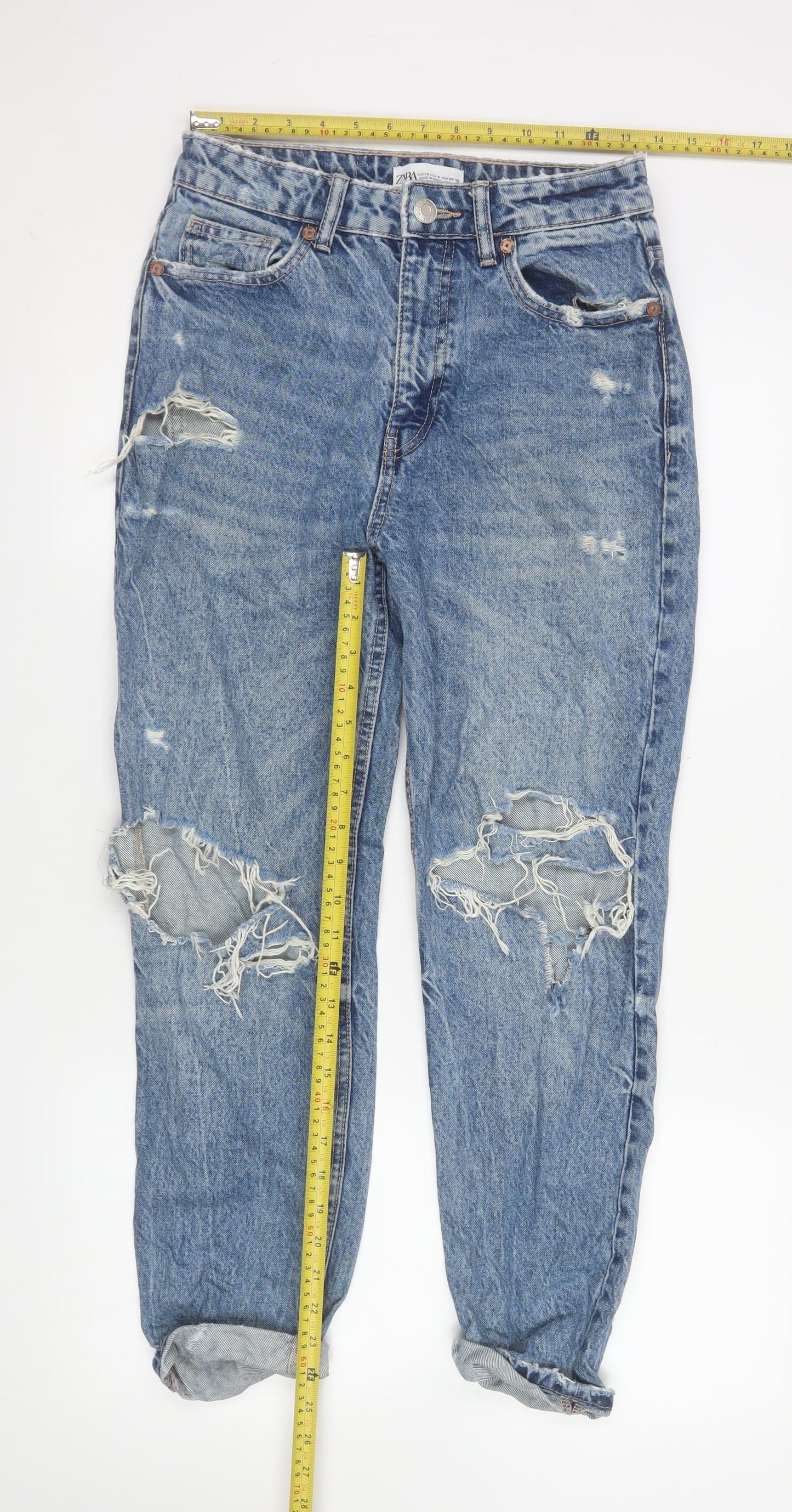 ZARA Women Blue Boyfriend Distressed Mid Rise Jeans Size 8