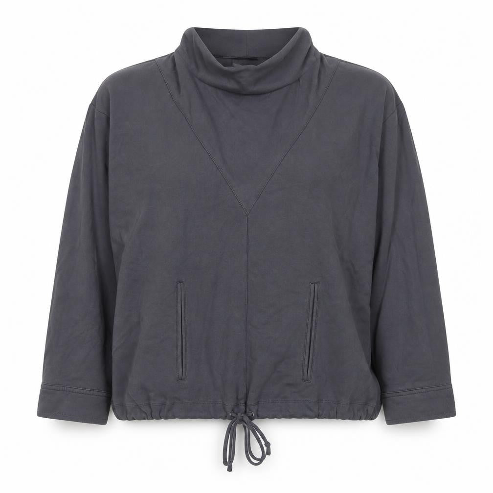 Front view of Gallery women’s grey roll neck relaxed fit long sleeve blouse, size UK 16