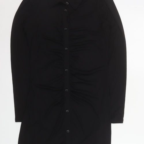 H&M Women Black Collared Ruched Long Sleeve Shirt Dress Size 8