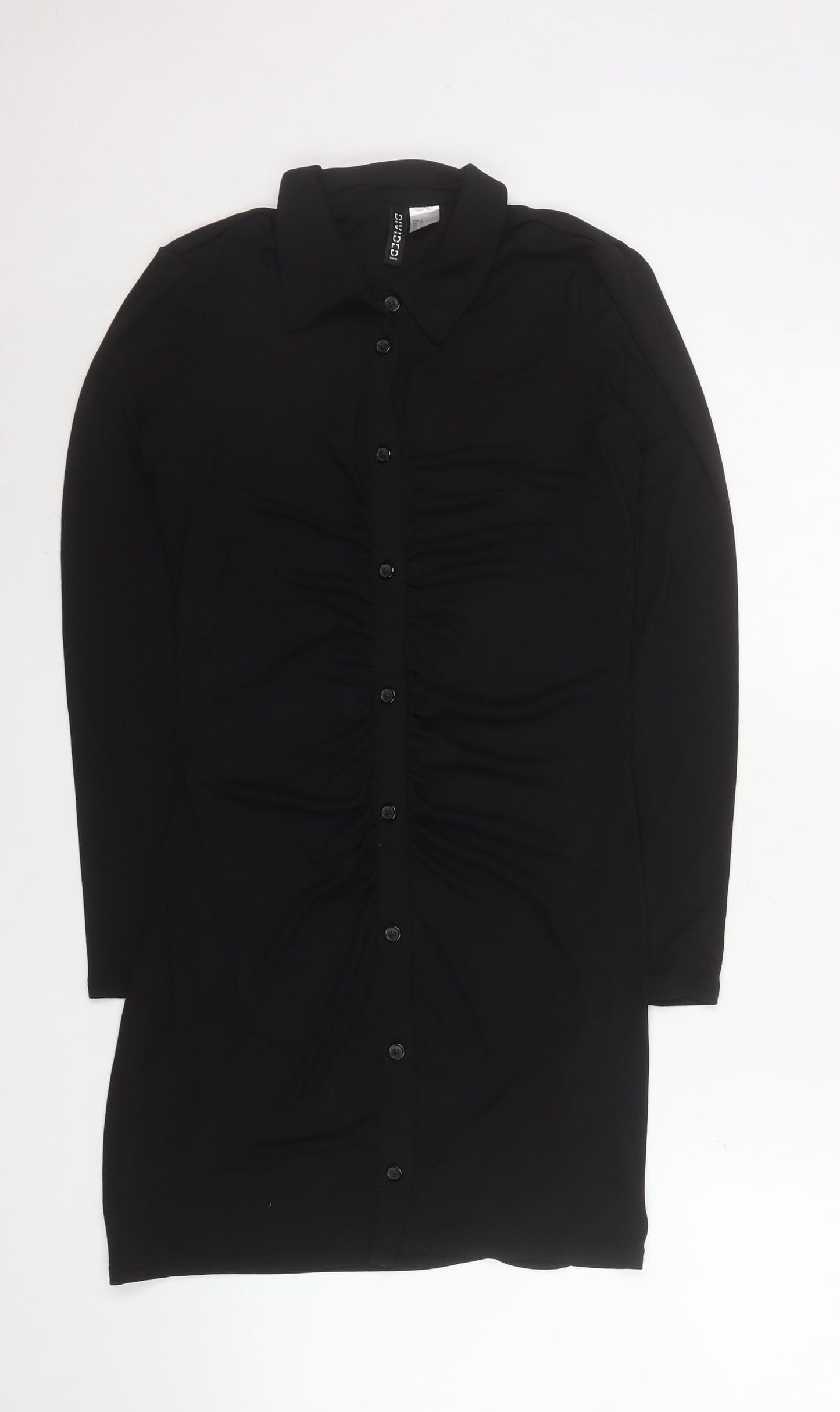 H&M Women Black Collared Ruched Long Sleeve Shirt Dress Size 8