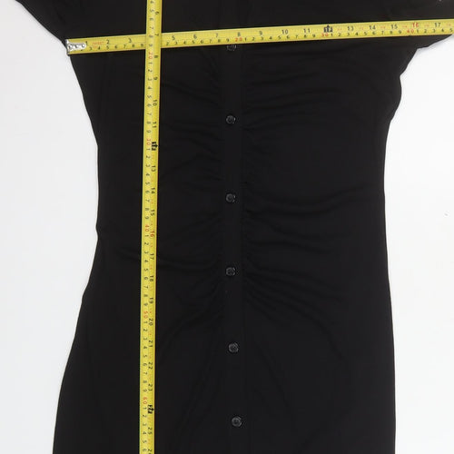 H&M Women Black Collared Ruched Long Sleeve Shirt Dress Size 8