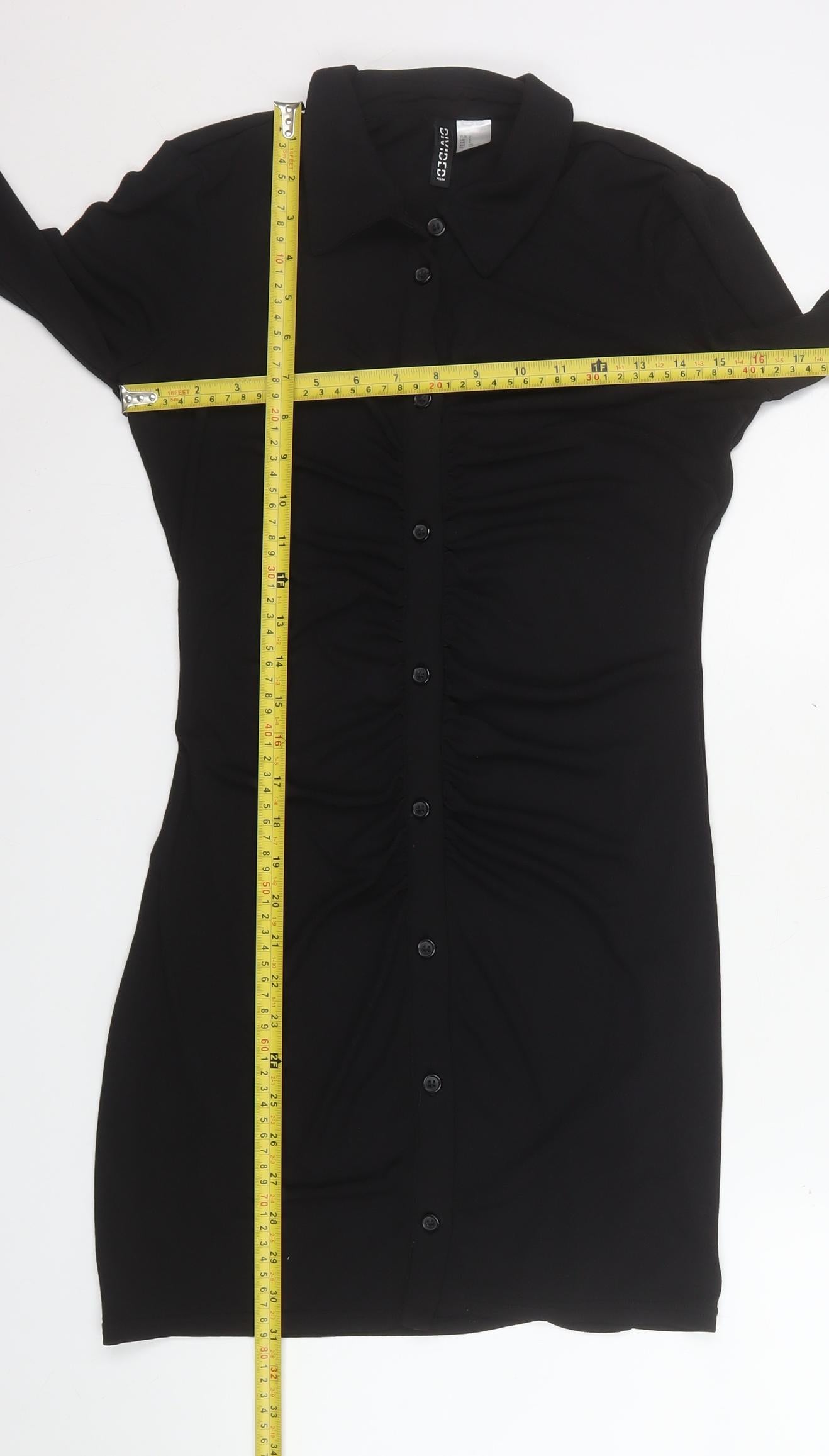 H&M Women Black Collared Ruched Long Sleeve Shirt Dress Size 8