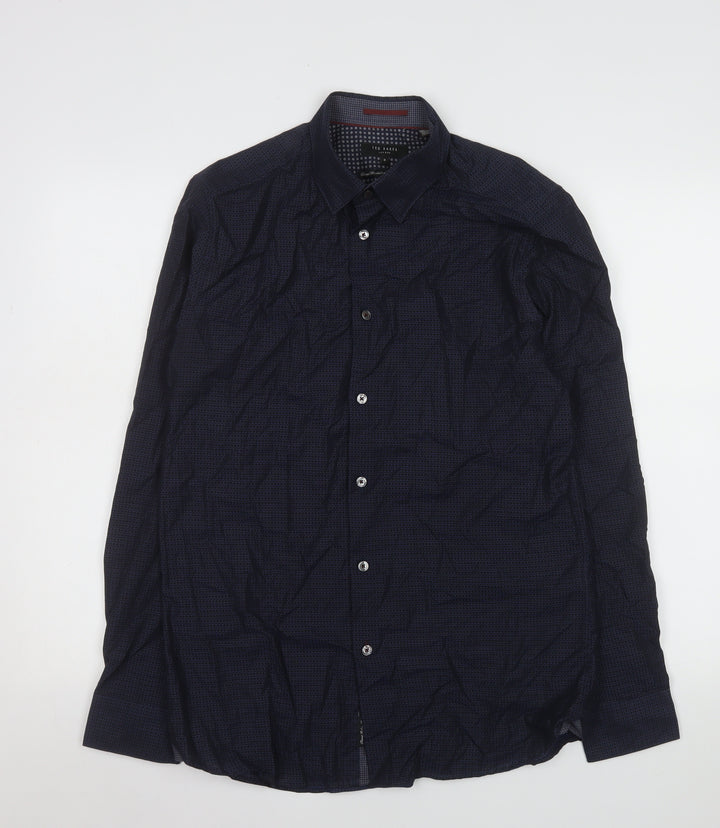Ted Baker Men's Blue Geometric Slim Fit Cotton Long Sleeve Shirt M