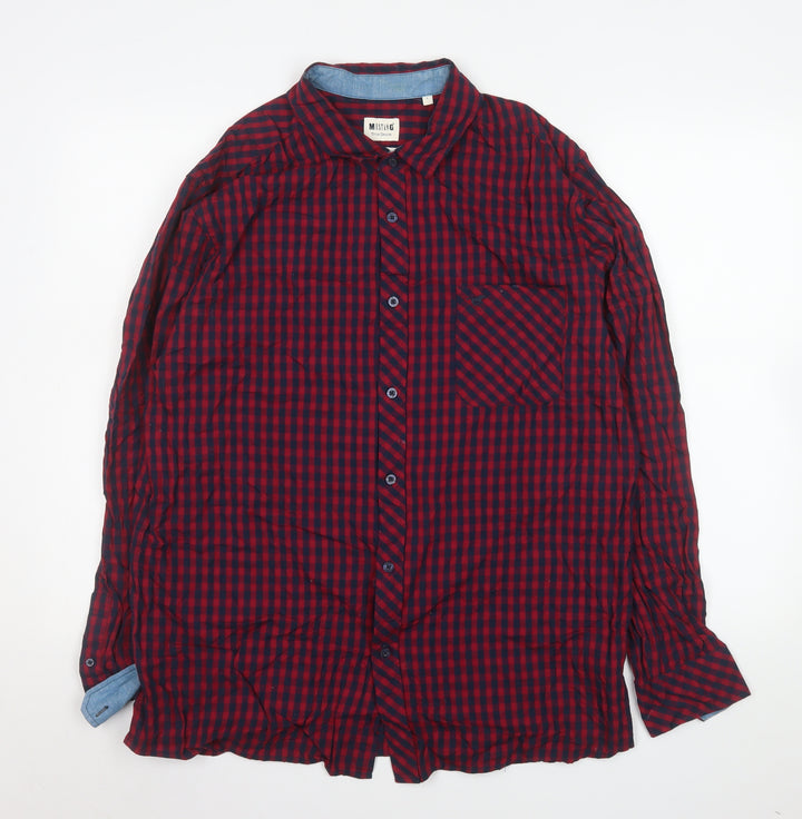 Mustang Men's Red Check Cotton Long Sleeve Button-Up Shirt L
