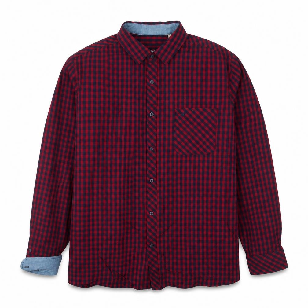 Front view of Mustang Men's Red Check Cotton Long Sleeve Button-Up Shirt L