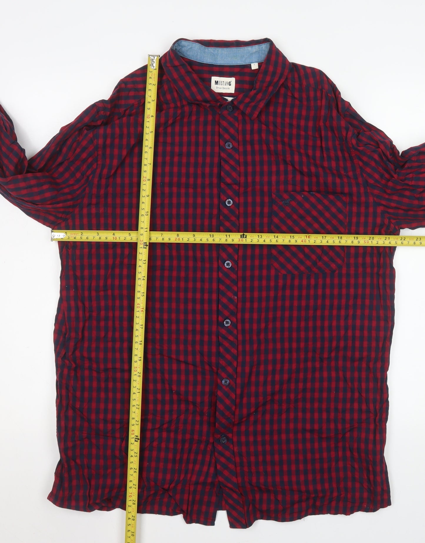 Mustang Men's Red Check Cotton Long Sleeve Button-Up Shirt L