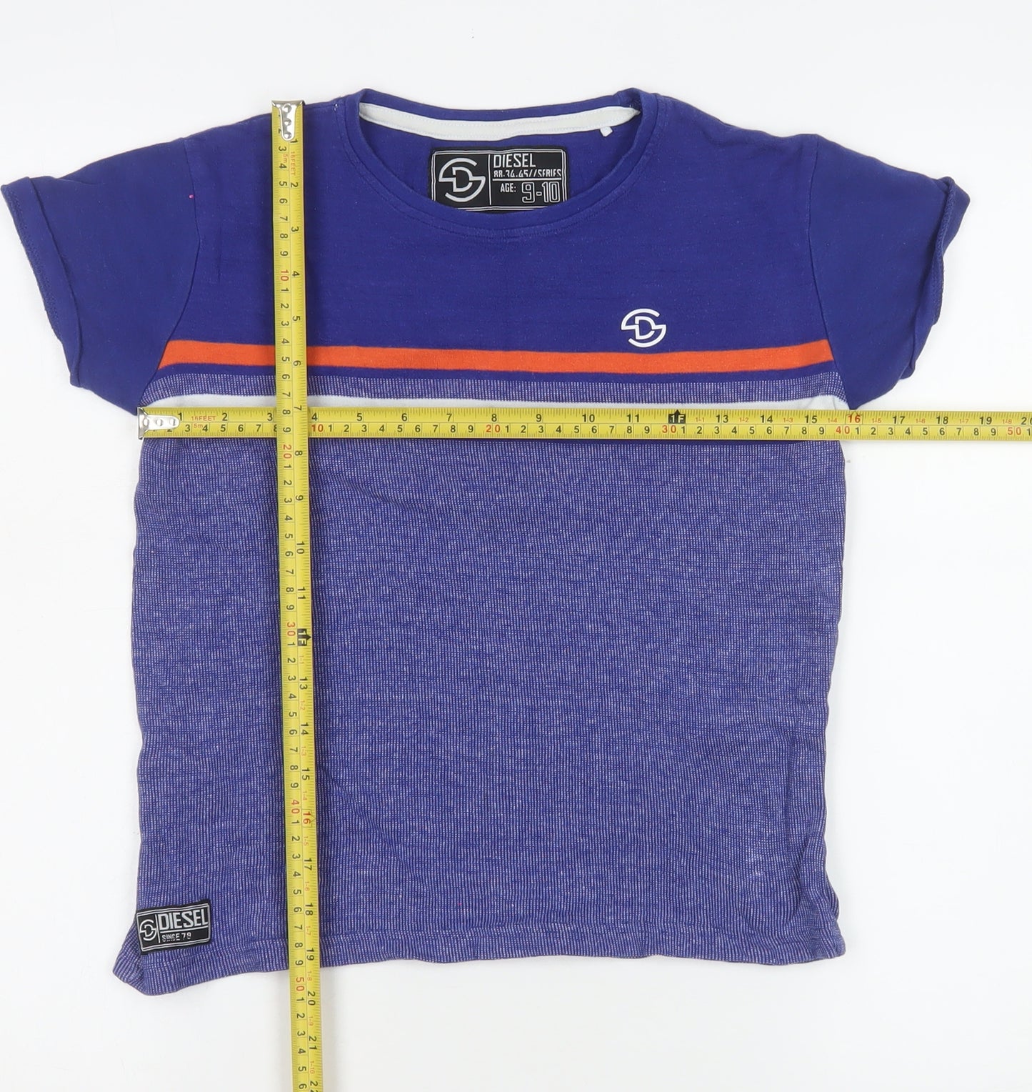 Diesel Boys Blue Striped Cotton T-Shirt Age 9-10 Short Sleeve Casual Top
